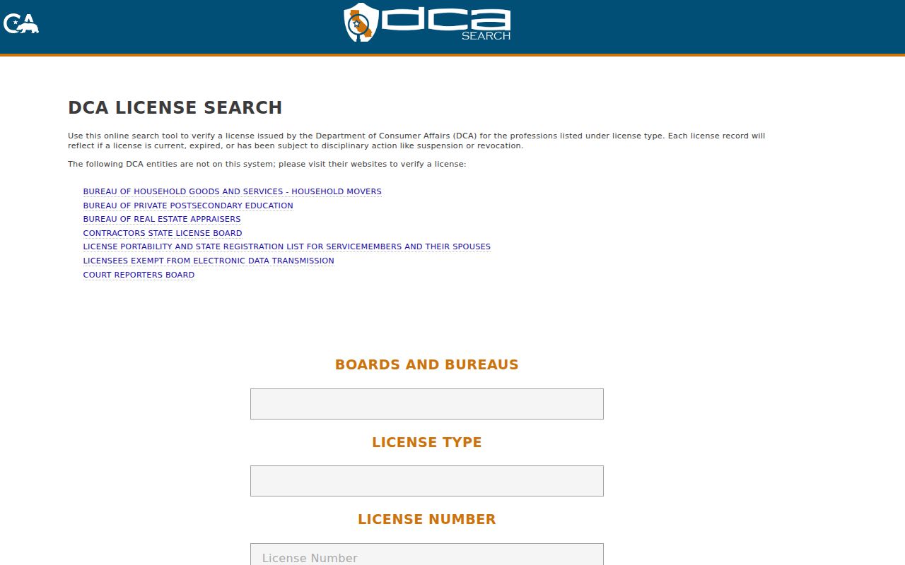 Calexico people search California DCA professional license search