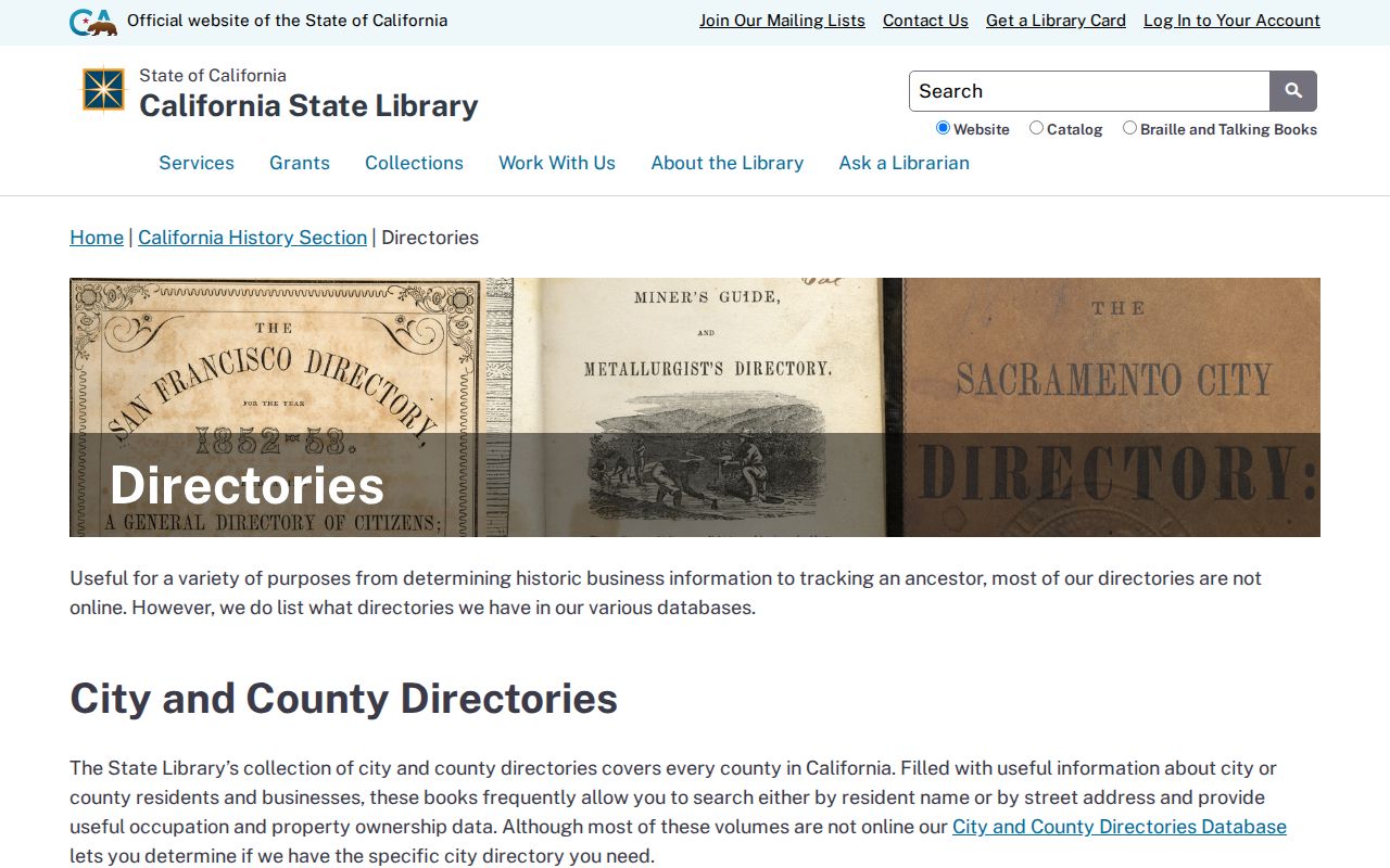 California State Library directories page for city county and regional directory research