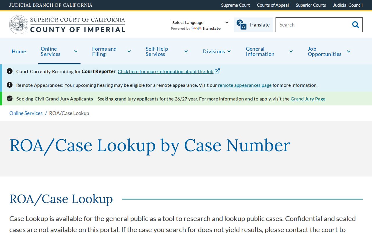 Calexico public records Imperial County Superior Court ROA and case lookup page