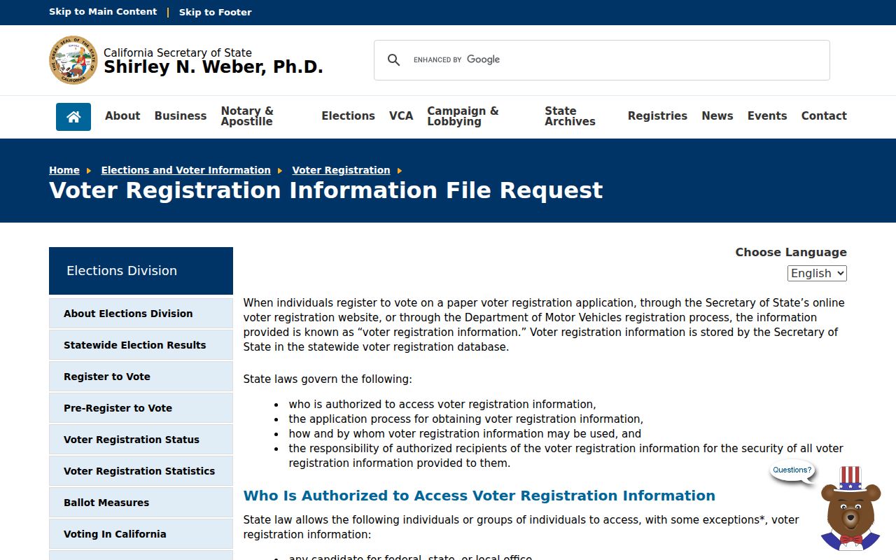 California Secretary of State voter file request guidance page